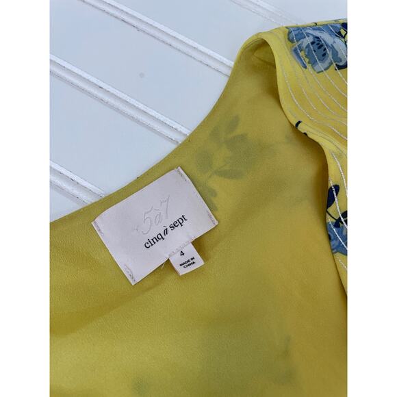 Cinq À Sept Wrap Floral Dress Yellow & Blue Short Sleeve Asymmetrical Ruffle 4 - Picture 5 of 7